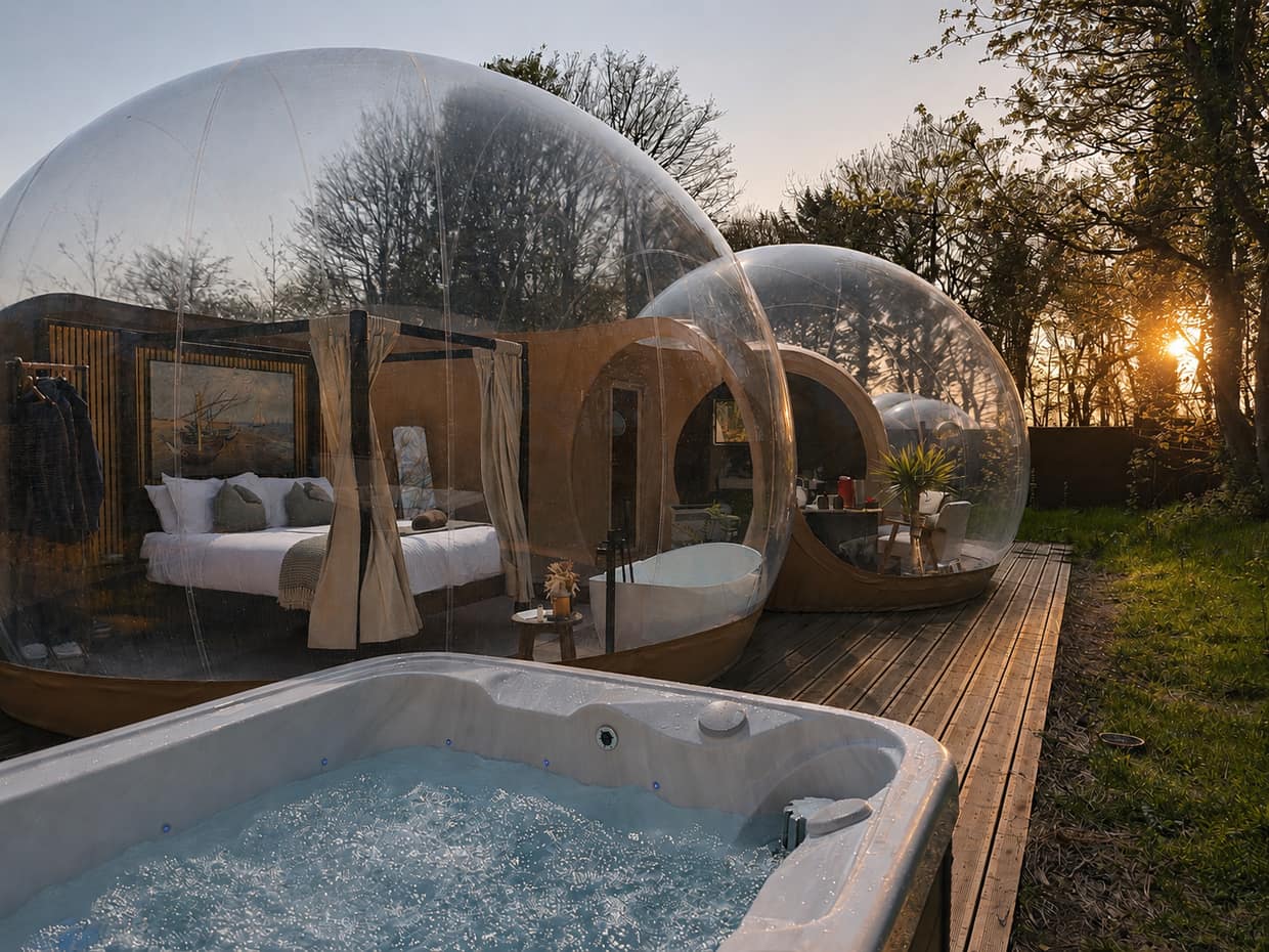 A private hot tub beside a transparent bubble dome in the woods at Cromore Retreat, Portstewart